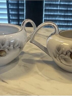 Vintage Silver Porcelain Sugar (no lid) and Creamer Set - White with Gold Trim